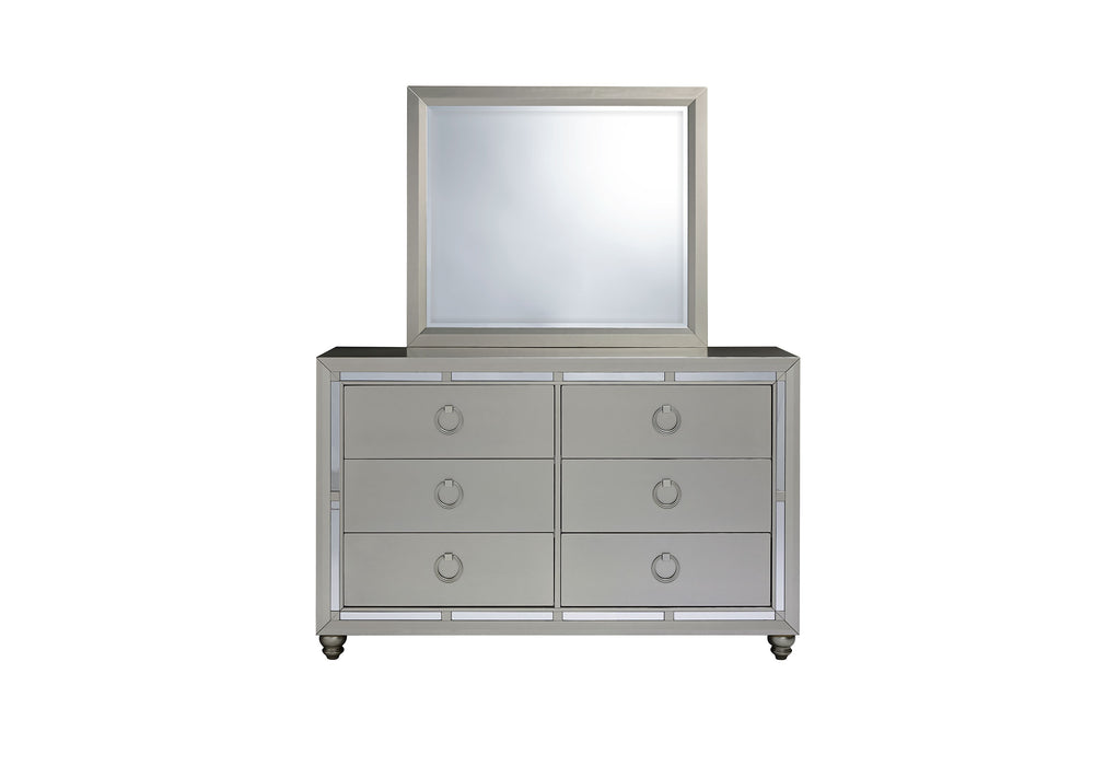 RILEY SILVER QUEEN BED, DRESSER, MIRROR, NIGHTSTAND